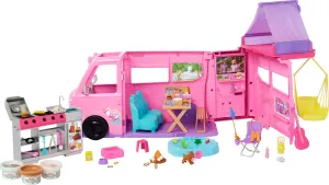 Barbie Dream Camper Playset with Roof Tent, Swing Chair, Fishing Pond, BBQ Grill with Color-Change Feature & 60  Accessories Including Dough