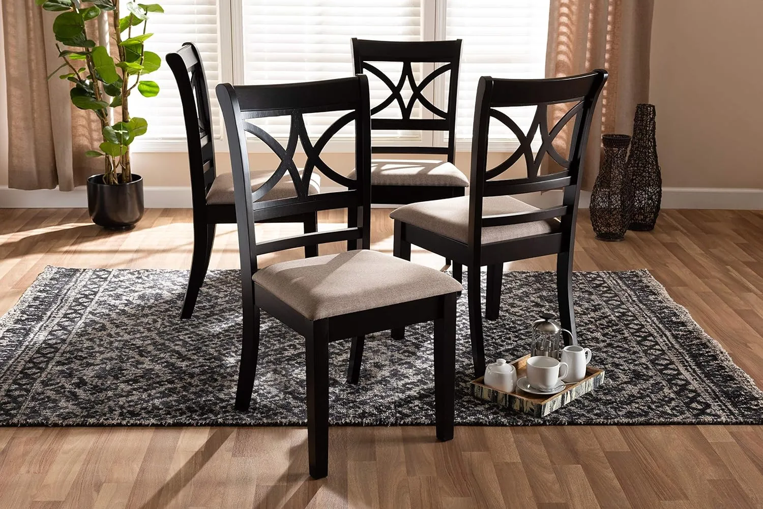 Baxton Studio Clarke Dining Chair Set - Sand Fabric Upholstered, Espresso Brown Wooden Finish - 4-Piece
