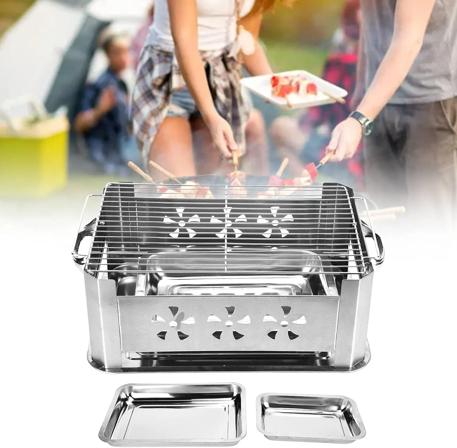 BBQ Grill, Barbecue Thickened Stainless Steel Grilled Fish Stove Charcoal Alcohol Rectangular Rack Can Be Drawn and Ventilated (#1)