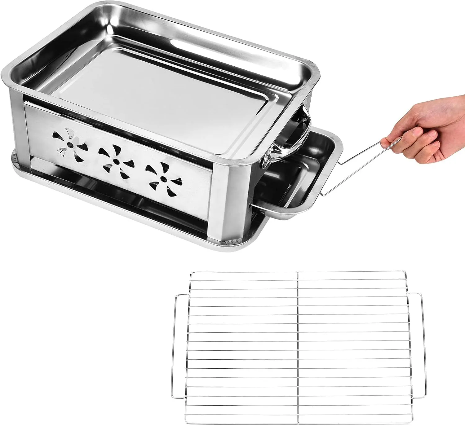 BBQ Grill, Barbecue Thickened Stainless Steel Grilled Fish Stove Charcoal Alcohol Rectangular Rack Can Be Drawn and Ventilated (#1)