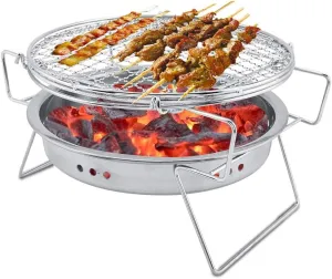 BBQ Grill, Round Barbecue Grill Stainless Steel Folding Grill Small Barbecue Grill Portable Round Barbecue Stove Cooking Tools for Outdoor