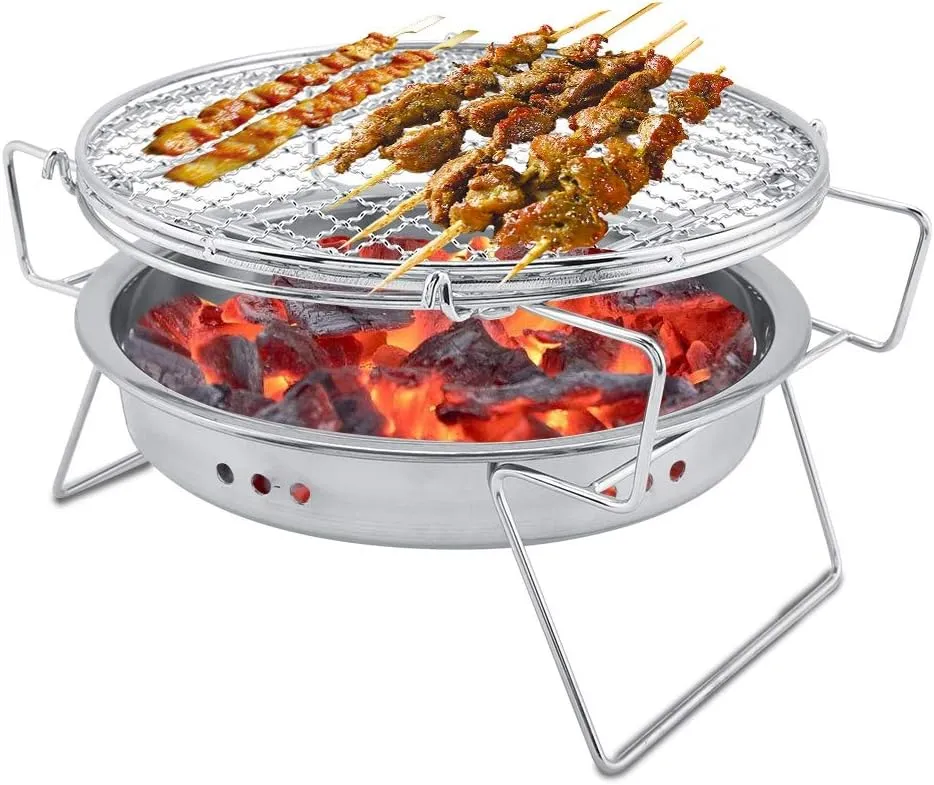 BBQ Grill, Round Barbecue Grill Stainless Steel Folding Grill Small Barbecue Grill Portable Round Barbecue Stove Cooking Tools for Outdoor