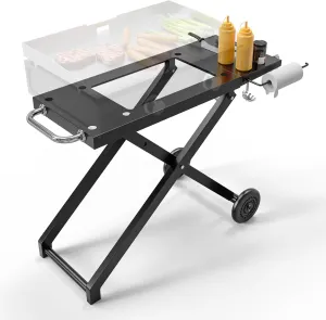 BBQ-PLUS Collapsible Grill Stand for Blackstone 17"/22" Tabletop Griddle Accessories, Foldable Portable Grill Cart Table Replacement Parts for Camping Backyard Outdoor with Wheels & Side Shelf