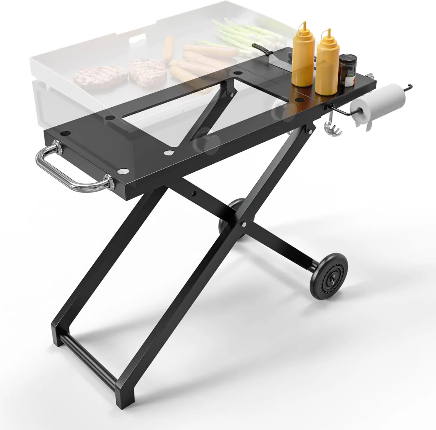 BBQ-PLUS Collapsible Grill Stand for Blackstone 17"/22" Tabletop Griddle Accessories, Foldable Portable Grill Cart Table Replacement Parts for Camping Backyard Outdoor with Wheels & Side Shelf