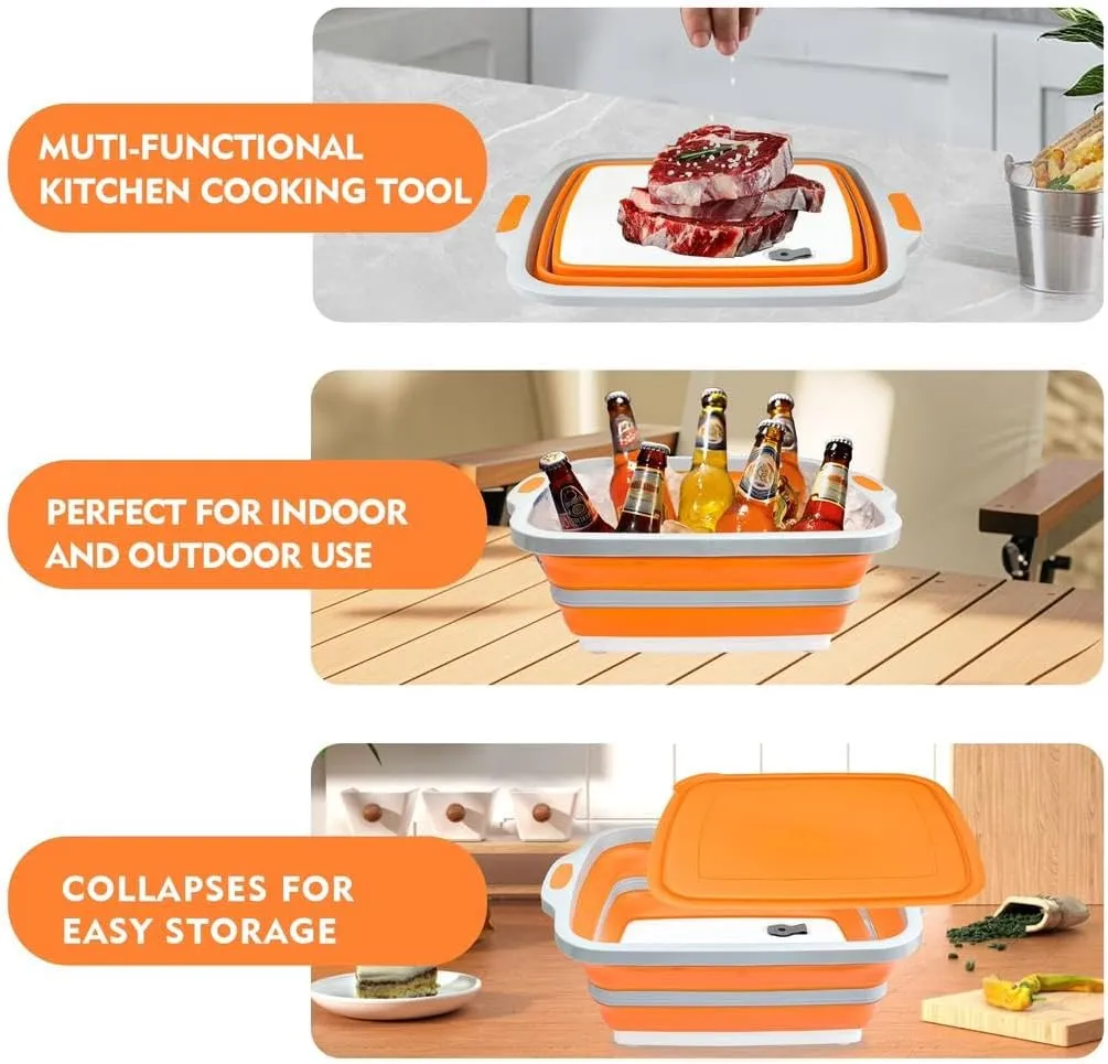 BBQ Prep Tub with Cutting Board & Lid – Grilling Accessories, Portable Sink, Collapsible Bucket for BBQ, Picnic, Camping, Meat Prep - 8L- Orange