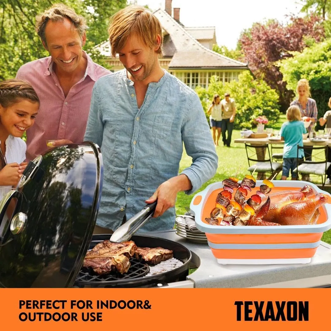 BBQ Prep Tub with Cutting Board & Lid – Grilling Accessories, Portable Sink, Collapsible Bucket for BBQ, Picnic, Camping, Meat Prep - 8L- Orange