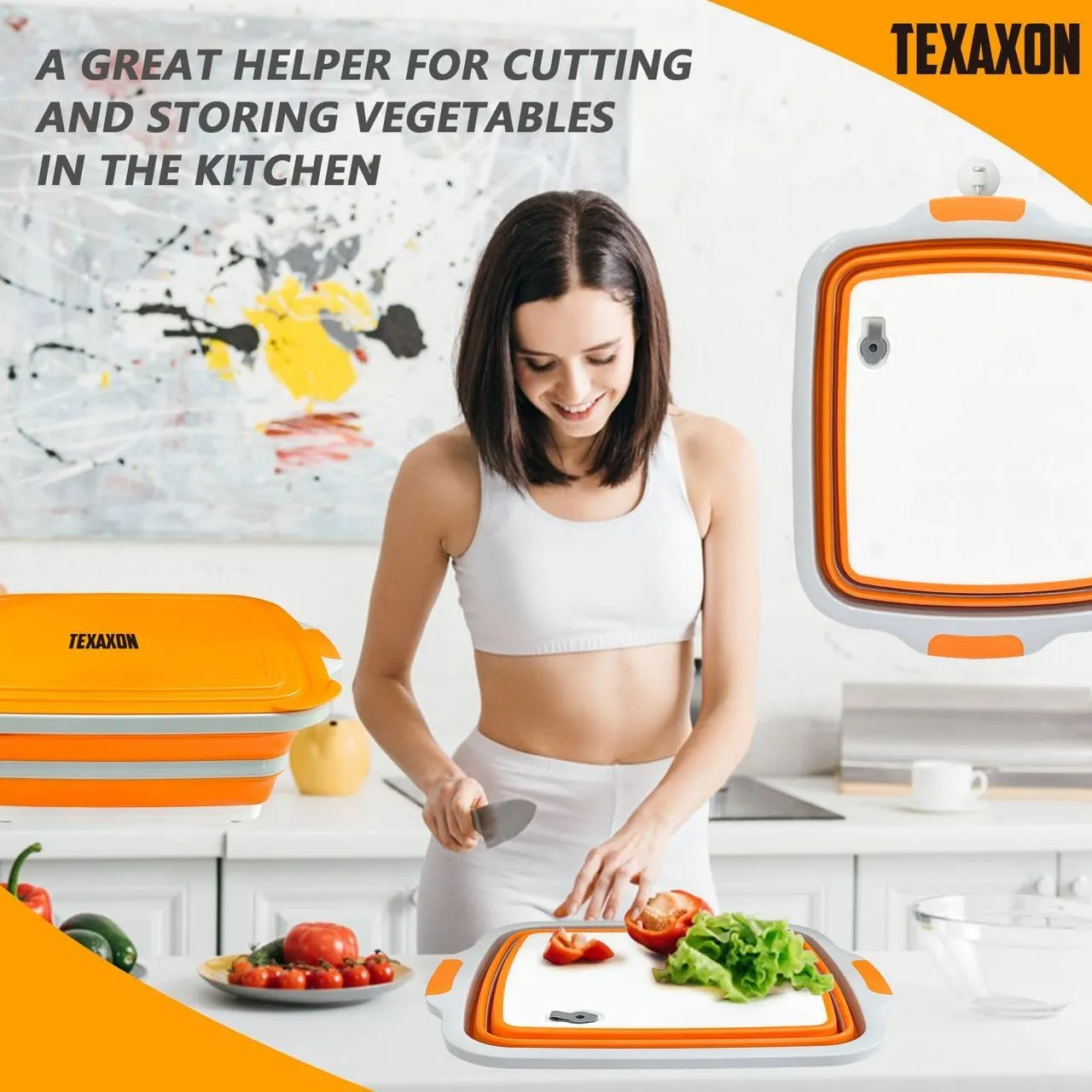 BBQ Prep Tub with Cutting Board & Lid – Grilling Accessories, Portable Sink, Collapsible Bucket for BBQ, Picnic, Camping, Meat Prep - 8L- Orange