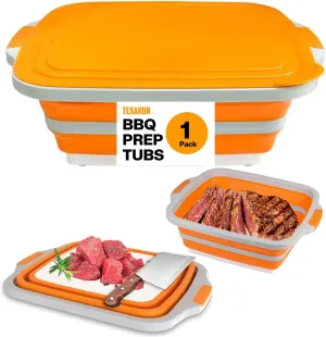 BBQ Prep Tub with Cutting Board & Lid – Grilling Accessories, Portable Sink, Collapsible Bucket for BBQ, Picnic, Camping, Meat Prep - 8L- Orange