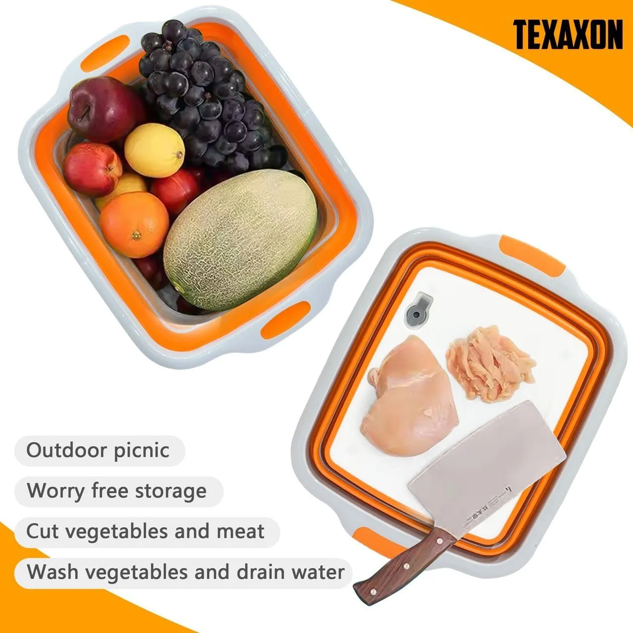 BBQ Prep Tub with Cutting Board & Lid – Grilling Accessories, Portable Sink, Collapsible Bucket for BBQ, Picnic, Camping, Meat Prep - 8L- Orange