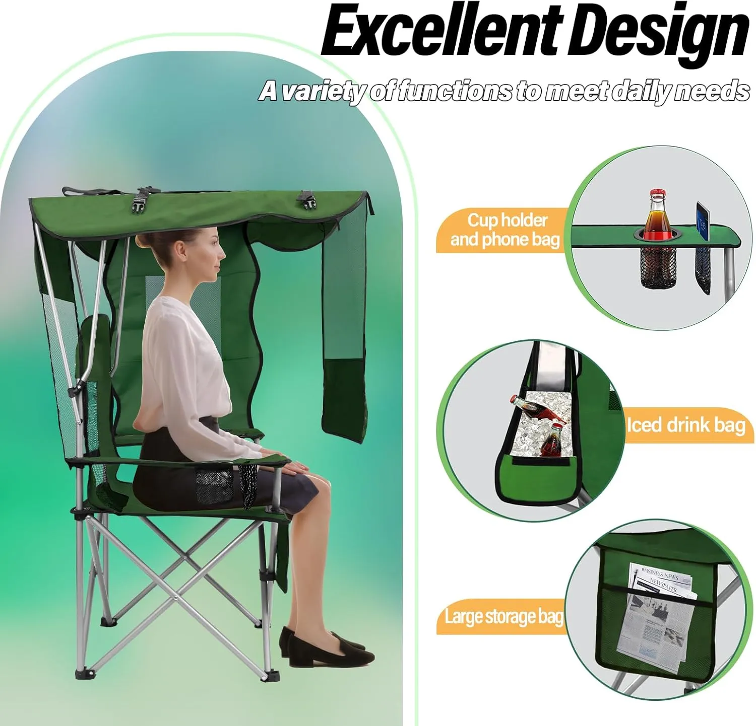 BDL Camping Chair with Canopy Shade Portable Folding Beach Chairs with Cooler, Mesh Backrest, Cup Holder, and Pocket for Camping, Fishing, Beach, and Sports