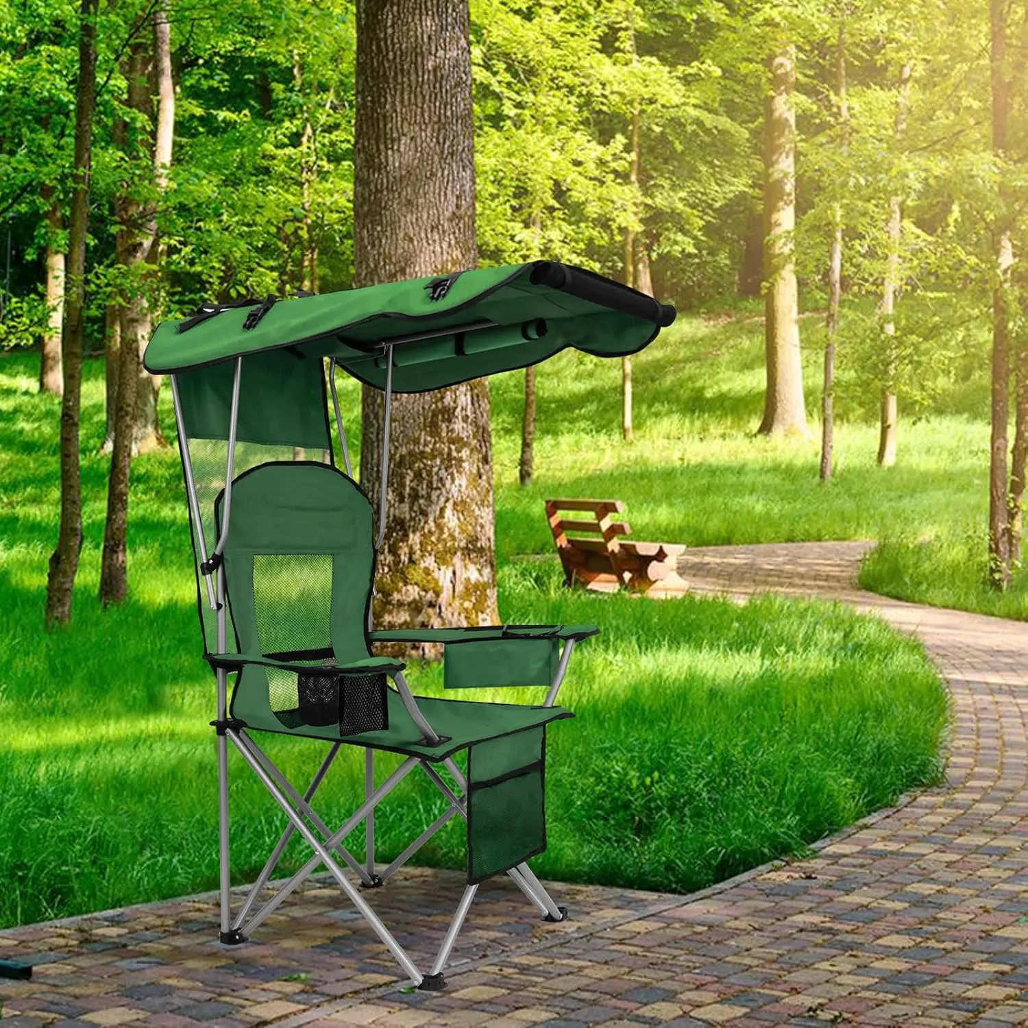 BDL Camping Chair with Canopy Shade Portable Folding Beach Chairs with Cooler, Mesh Backrest, Cup Holder, and Pocket for Camping, Fishing, Beach, and Sports