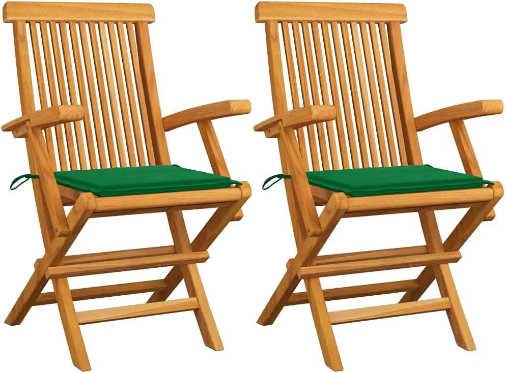 Beach Chair Padded Folding chairsPatio Chairs with Green Cushions 2 pcs Solid Teak WoodSuitable for Garden Patio Living Room