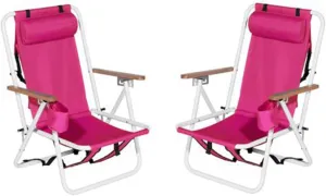 Beach Chairs for Adults 2 Pack,Portable Folding Backpack Beach Chair with Headrest Cup Holder and Wooden Armrests,Cup Holder for Outdoor/Lawn/Picnic,Foldable Camping Chair (Red-2Set)