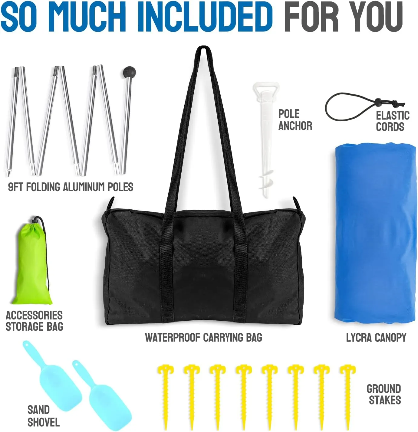 Beach Tent Canopy Pop Up Shade Sun Shelter 10x10ft Portable Family Sunshade UPF50  with 8 Sandbags-2 Sand Shovel-Easy Foldable Pole-Pole Anchor-Ground Pegs-Carrying Bag for Outdoor Camping
