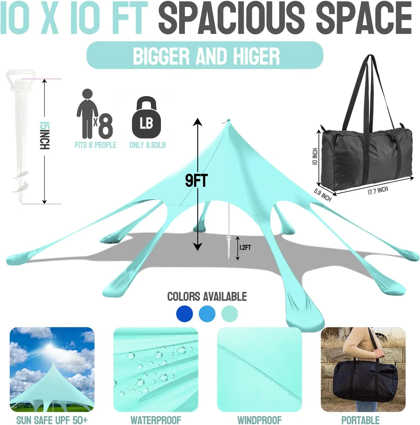 Beach Tent Canopy Pop Up Shade Sun Shelter 10x10ft Portable Family Sunshade UPF50  with 8 Sandbags-2 Sand Shovel-Easy Foldable Pole-Pole Anchor-Ground Pegs-Carrying Bag for Outdoor Camping