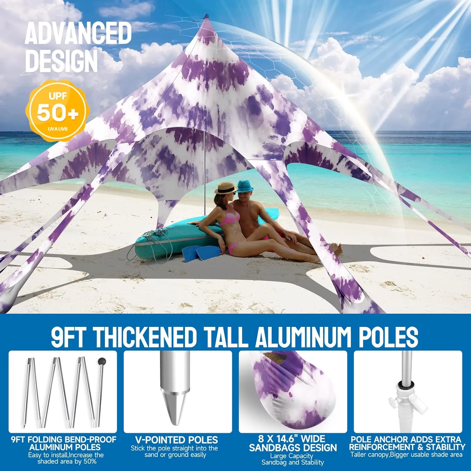 Beach Tent Canopy Pop Up Shade Sun Shelter 10x10ft Portable Family Sunshade UPF50  with 8 Sandbags-2 Sand Shovel-Easy Foldable Pole-Pole Anchor-Ground Pegs-Carrying Bag for Outdoor Camping