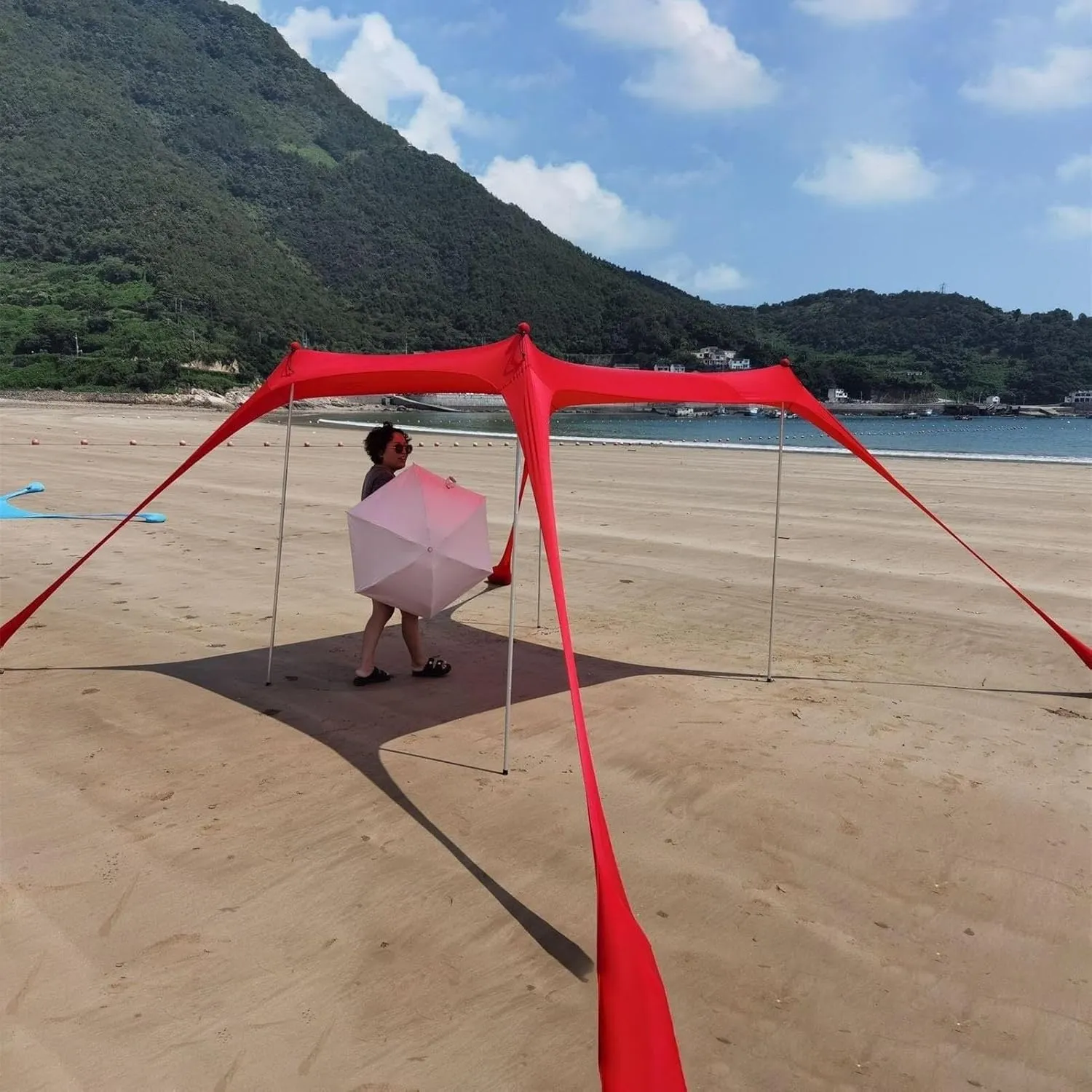 Beach Tent, Sun Protection Awning, Beach Shelter, Portable Sun Canopy Shade Tent, Outdoor UV Resistant Patio Beach Tent with Carrying Travel Bag(Red,210x200x150cm)