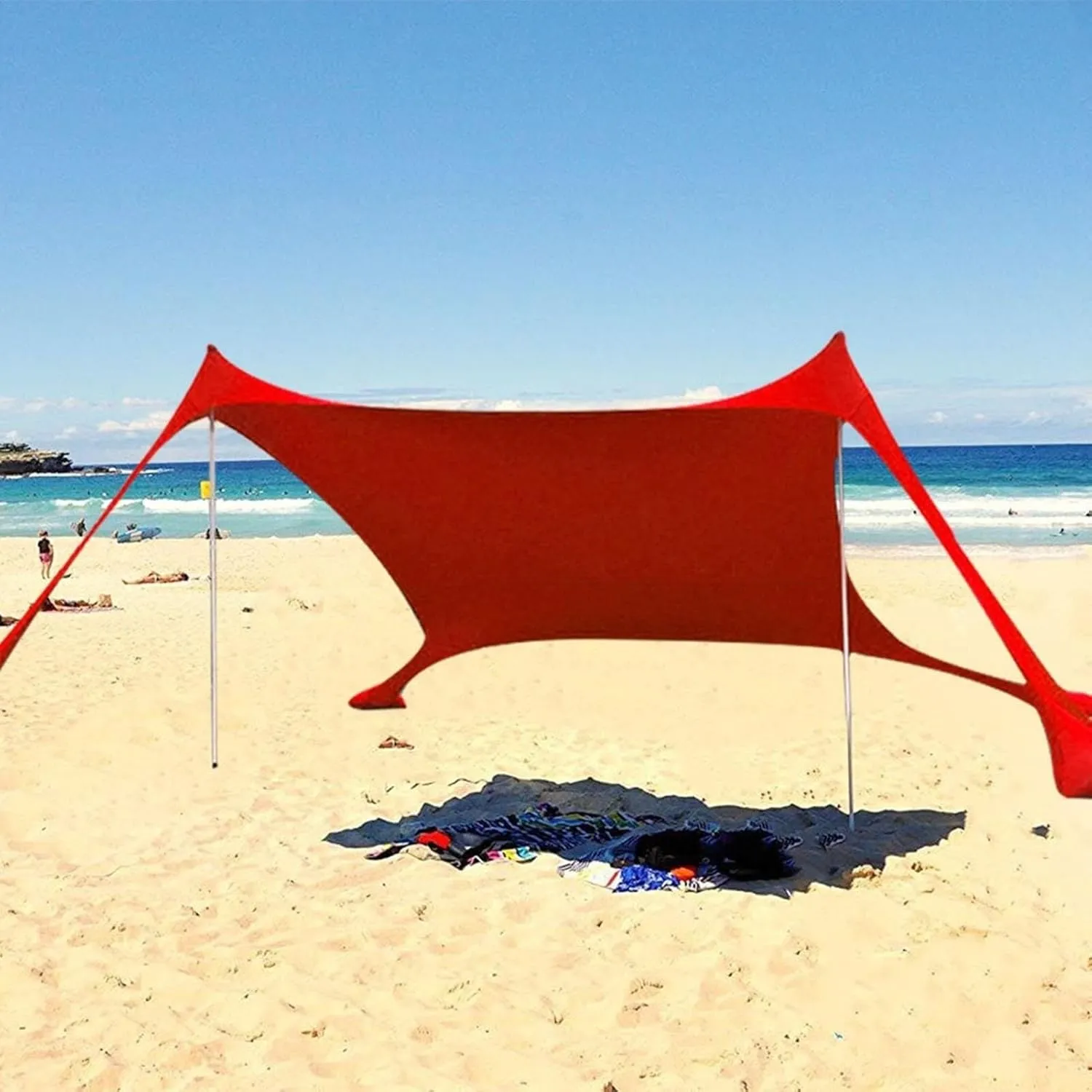 Beach Tent, Sun Protection Awning, Beach Shelter, Portable Sun Canopy Shade Tent, Outdoor UV Resistant Patio Beach Tent with Carrying Travel Bag(Red,210x200x150cm)