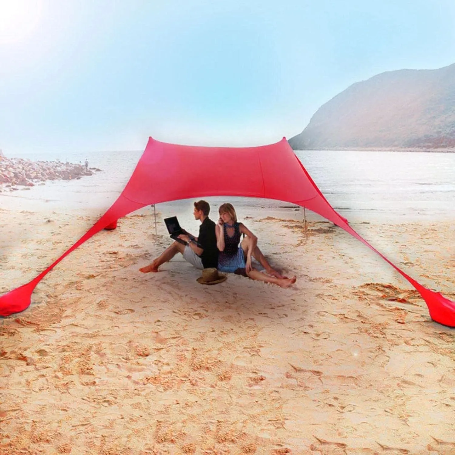 Beach Tent, Sun Protection Awning, Beach Shelter, Portable Sun Canopy Shade Tent, Outdoor UV Resistant Patio Beach Tent with Carrying Travel Bag(Red,210x200x150cm)
