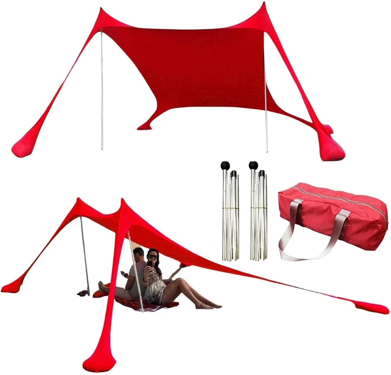 Beach Tent, Sun Protection Awning, Beach Shelter, Portable Sun Canopy Shade Tent, Outdoor UV Resistant Patio Beach Tent with Carrying Travel Bag(Red,210x200x150cm)