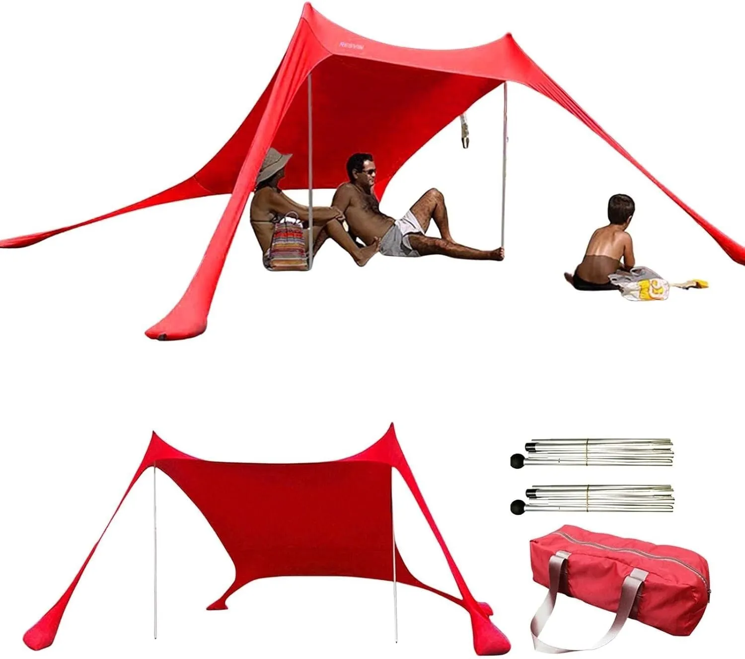 Beach Tent, Sun Protection Awning, Beach Shelter, Portable Sun Canopy Shade Tent, Outdoor UV Resistant Patio Beach Tent with Carrying Travel Bag(Red,210x200x150cm)
