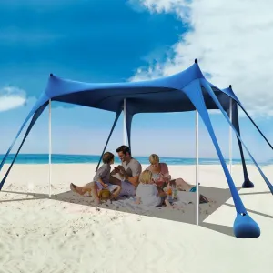 Beach Tent Sun Shelter, 10 x 10 FT Beach Canopy Tent Sun Shade Heavy Duty, UPF50  Beach Tent Canopy with 8 Sandbags & 4 Stability Poles, Outdoor Beach Shade Canopy for Camping and Fishing, Blue