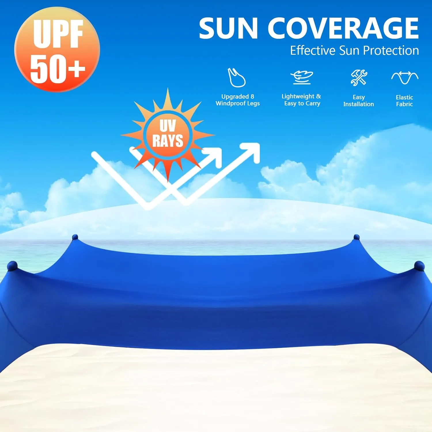 Beach Tent Sun Shelter, 10 x 10 FT Beach Canopy Tent Sun Shade Heavy Duty, UPF50  Beach Tent Canopy with 8 Sandbags & 4 Stability Poles, Outdoor Beach Shade Canopy for Camping and Fishing, Blue