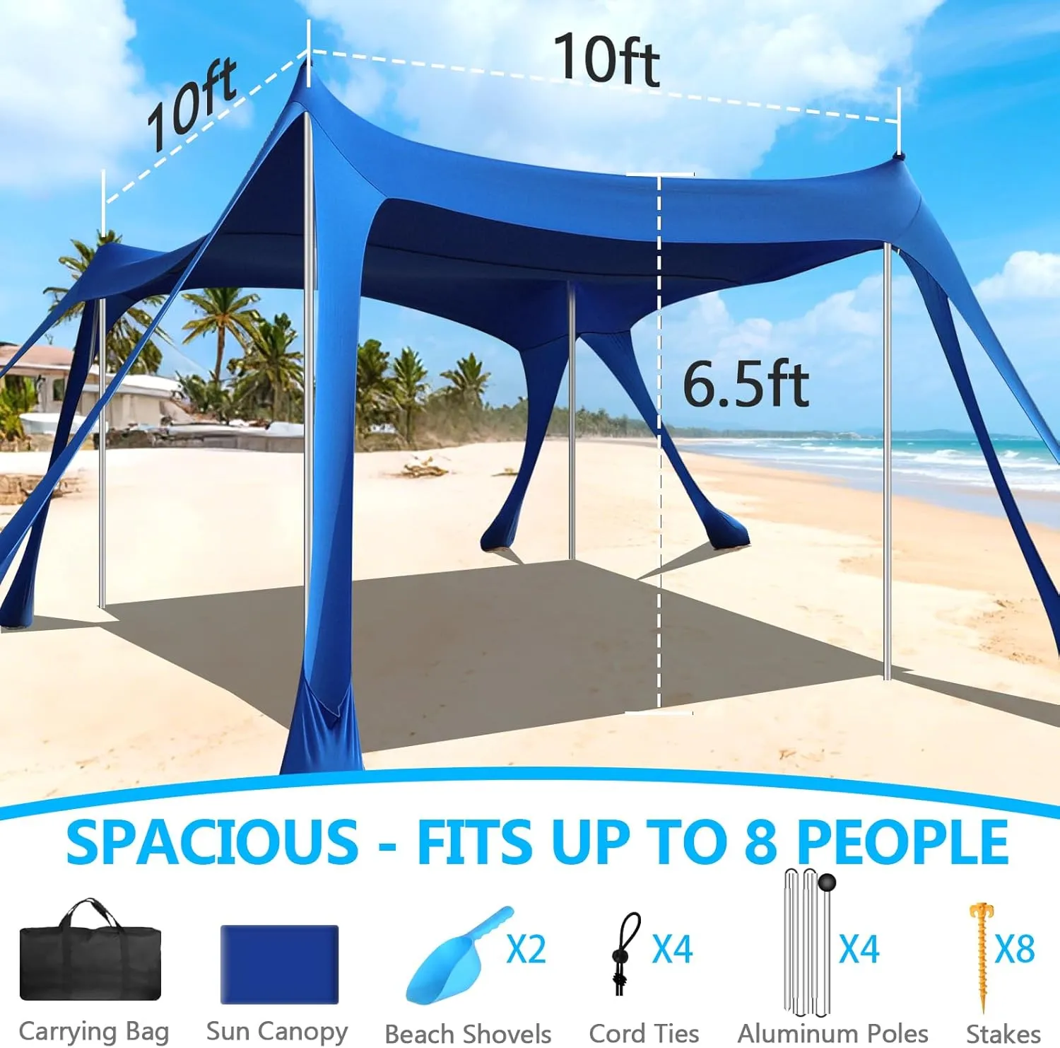 Beach Tent Sun Shelter, 10 x 10 FT Beach Canopy Tent Sun Shade Heavy Duty, UPF50  Beach Tent Canopy with 8 Sandbags & 4 Stability Poles, Outdoor Beach Shade Canopy for Camping and Fishing, Blue