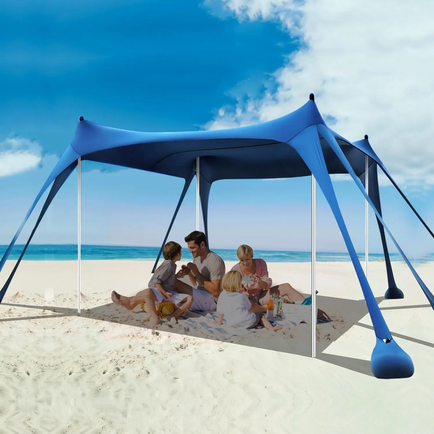 Beach Tent Sun Shelter, 10 x 10 FT Beach Canopy Tent Sun Shade Heavy Duty, UPF50  Beach Tent Canopy with 8 Sandbags & 4 Stability Poles, Outdoor Beach Shade Canopy for Camping and Fishing, Blue
