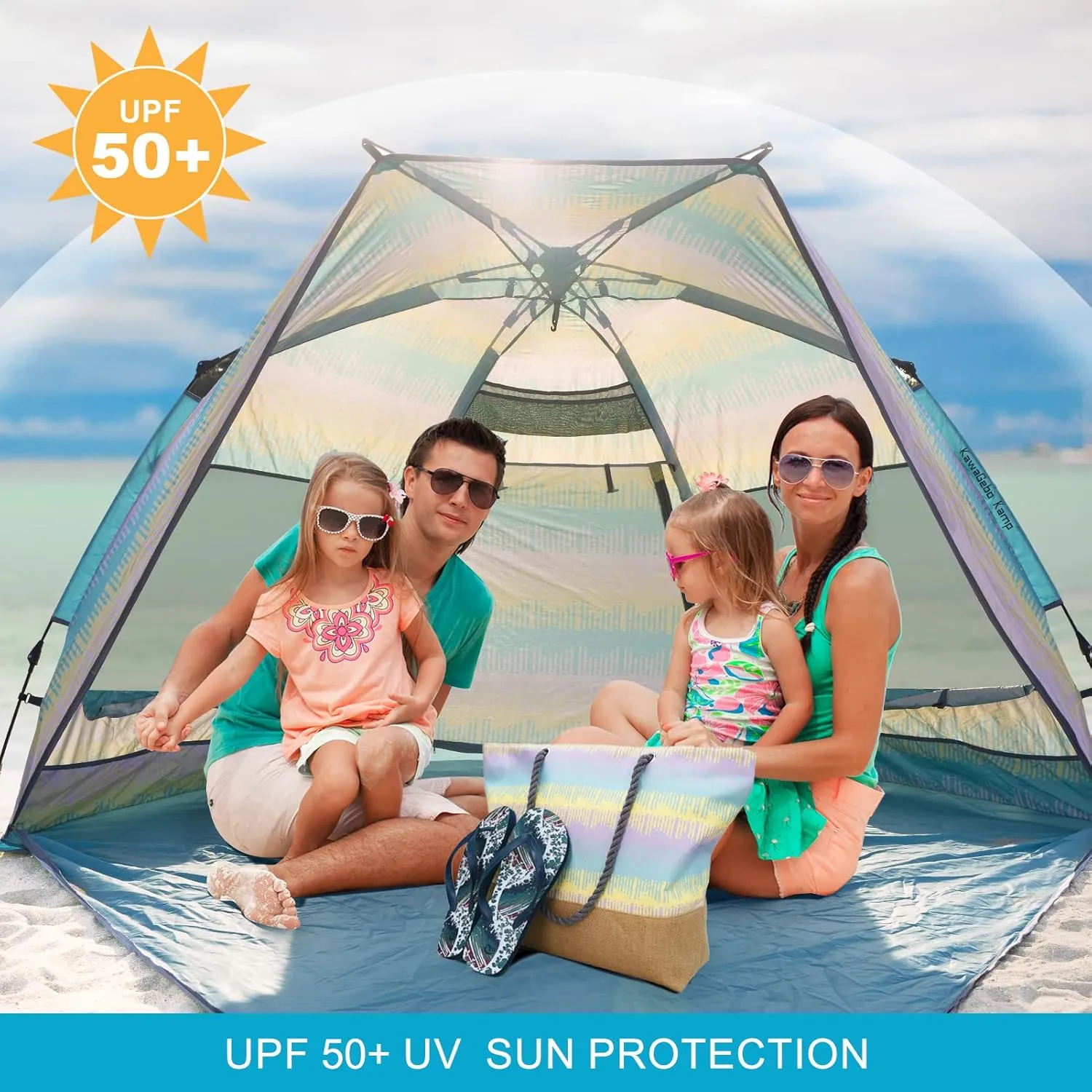 Beach Tent Sun Shelter for 4-6 Person - Pop Up Beach Tent UPF 50＋ UV Protection, Lightweight and Easy Setup Cabana, Extendable Floor with 3 Ventilating Windows, Carrying Bag