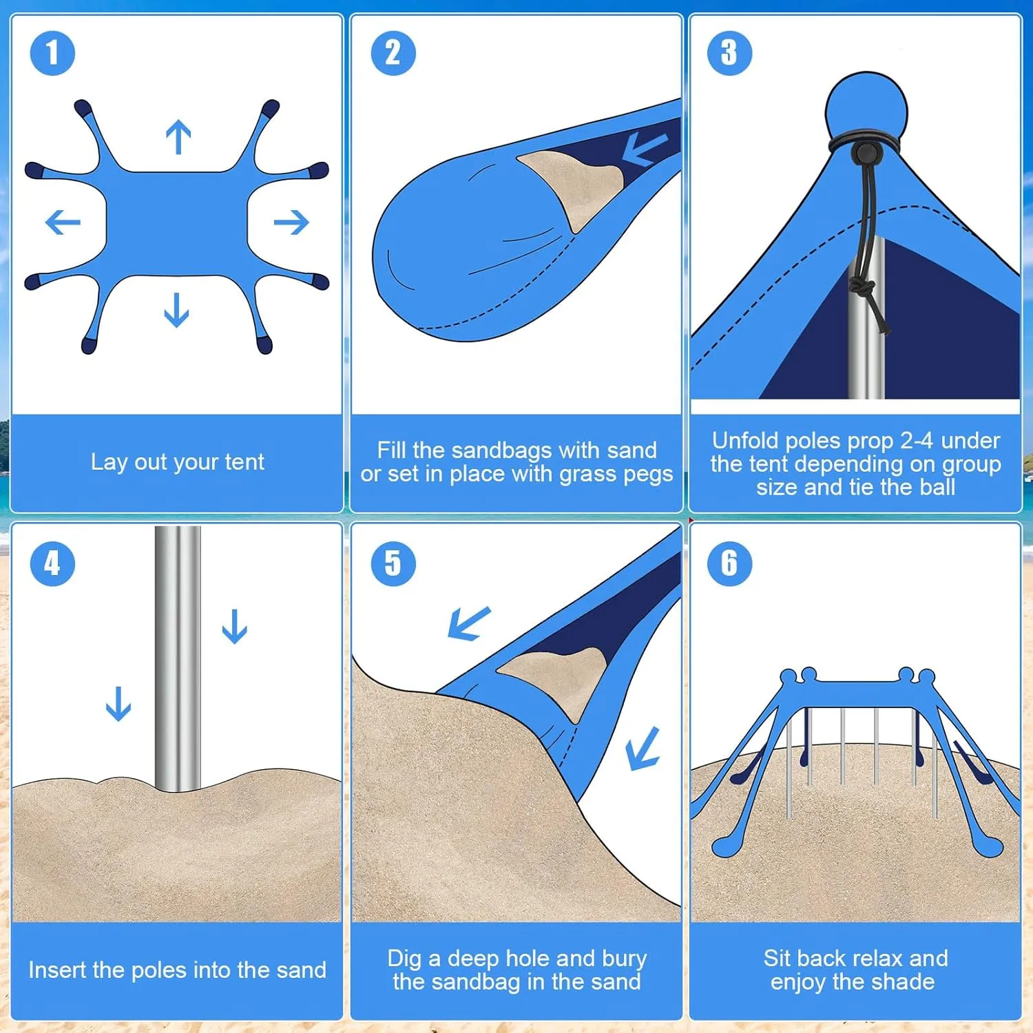 Beach Tent Sun Shelter UPF 50  Beach Shade Canopy Pop up Tent Portable Cabana Outdoor with Aluminum Poles Sandbags Sand Shovel for Camping Fishing Trip Picnic Party