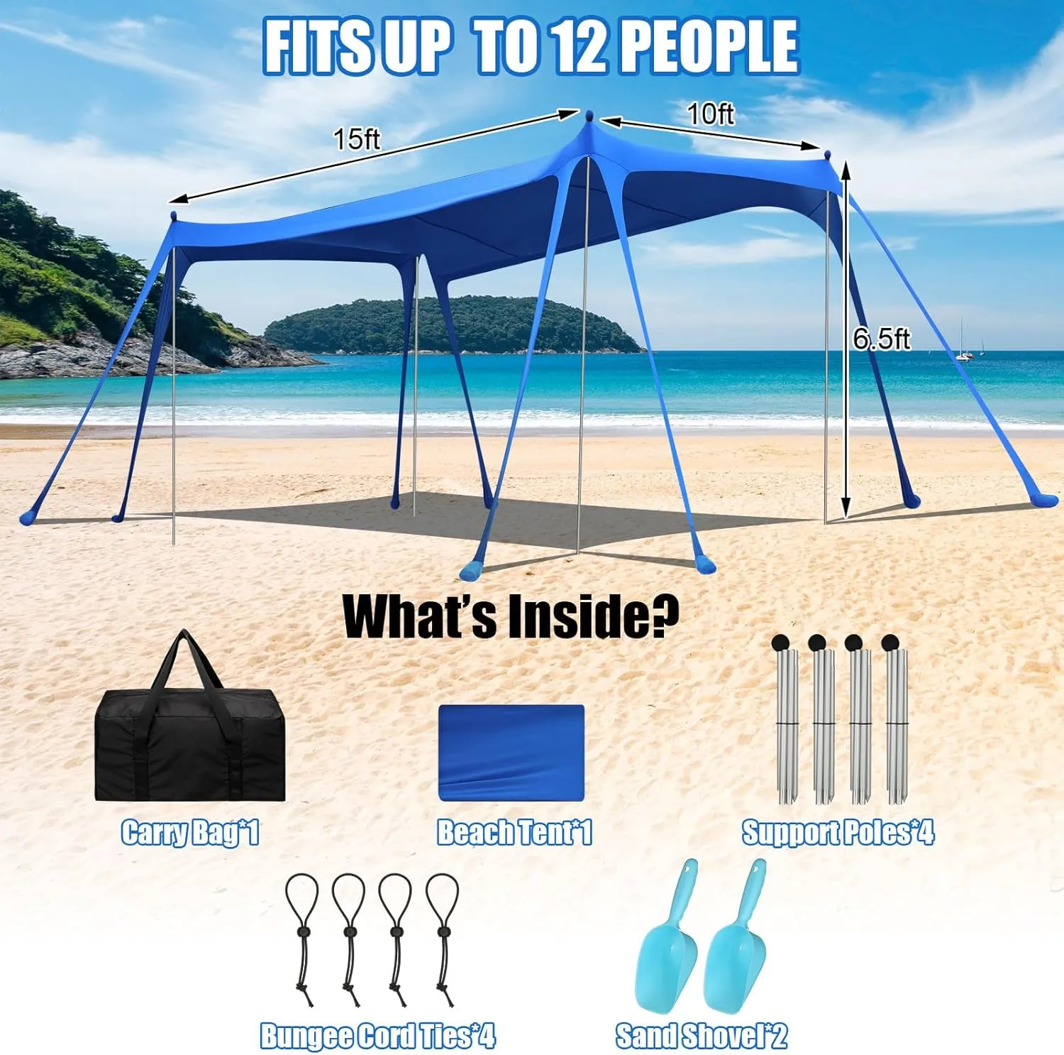 Beach Tent Sun Shelter UPF 50  Beach Shade Canopy Pop up Tent Portable Cabana Outdoor with Aluminum Poles Sandbags Sand Shovel for Camping Fishing Trip Picnic Party