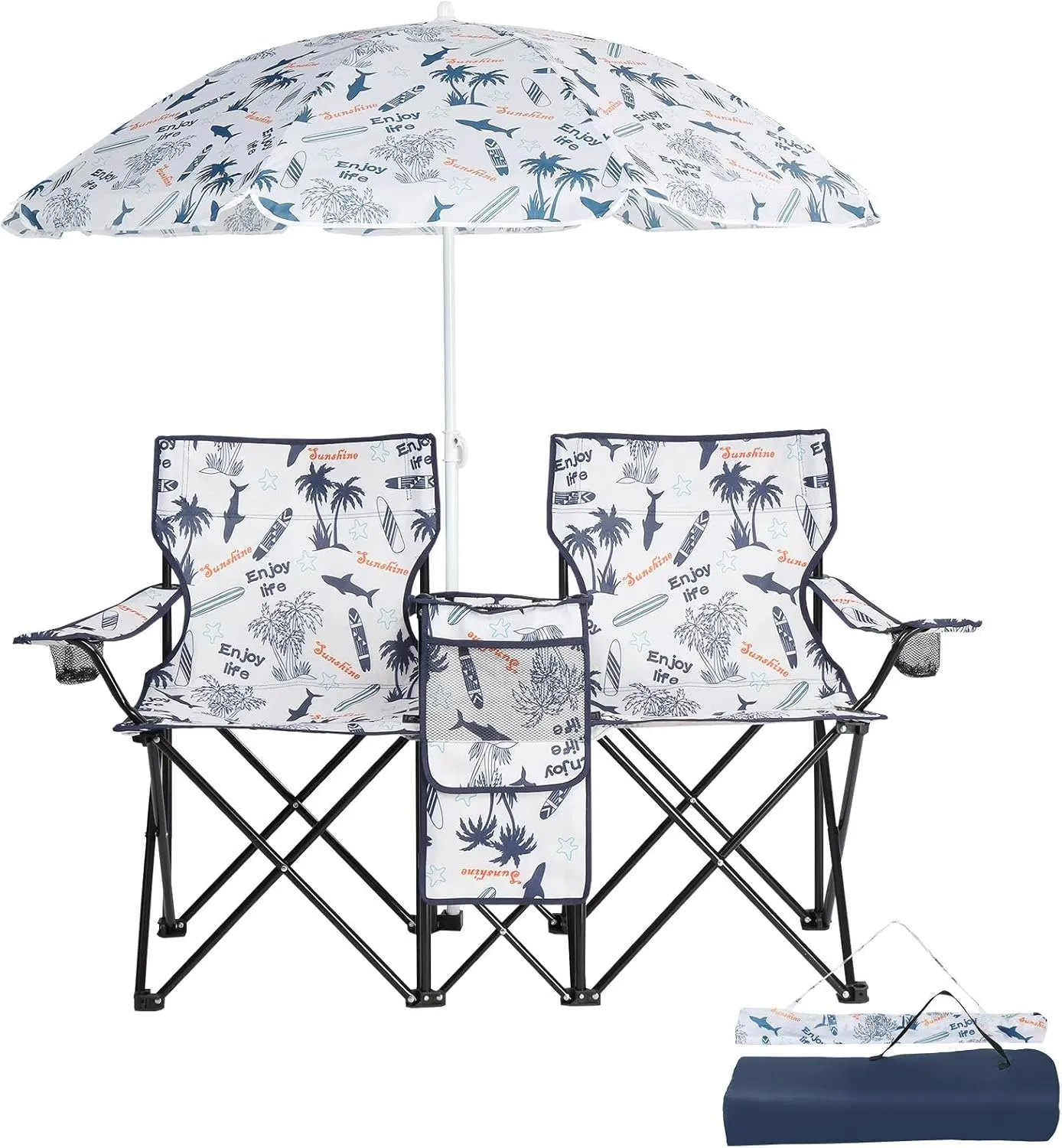 Beach umbrella Beach chair UV protection proof portable parasol Fishing chair Iron stand Oxford cloth Coconut tree pattern with parasol Easy to set up Perfect for family and friends to go outdoors