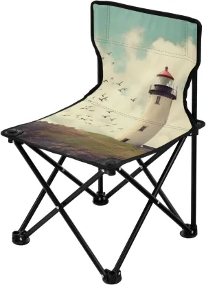 Beautiful Lighthouse Portable Outdoor Folding Chair Anti-Slip Padded Oxford Cloth Stool Camping Chair Small for Beach Hiking Fishing Gardening Quad Camp Chair