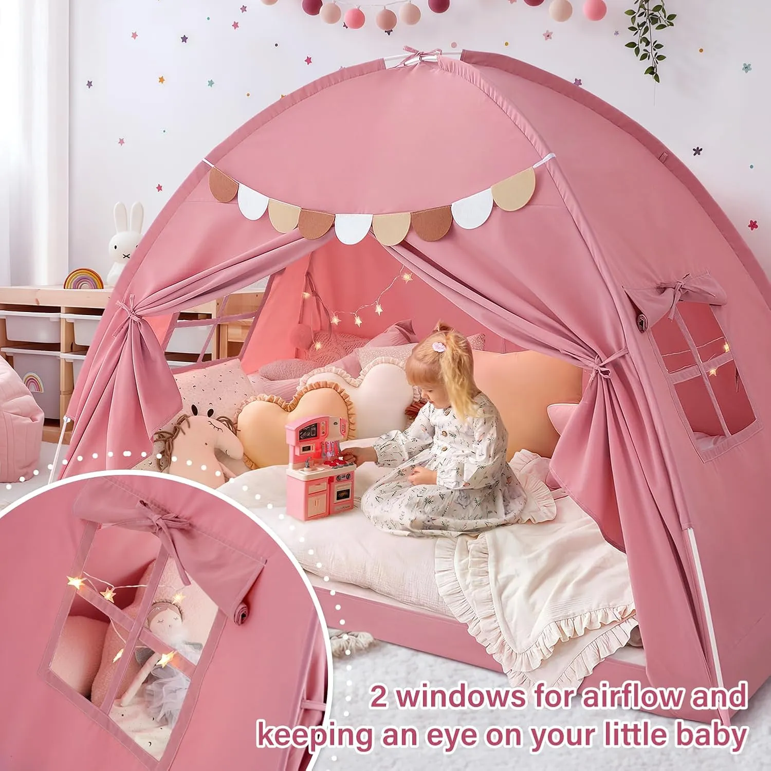 Bed Tent Twin, Bed Canopy for Kids Girls, Tents Toddler Portable Sleeping Tents Indoor, Pink Bunk Canopy Playhouse for Twin Size Bed