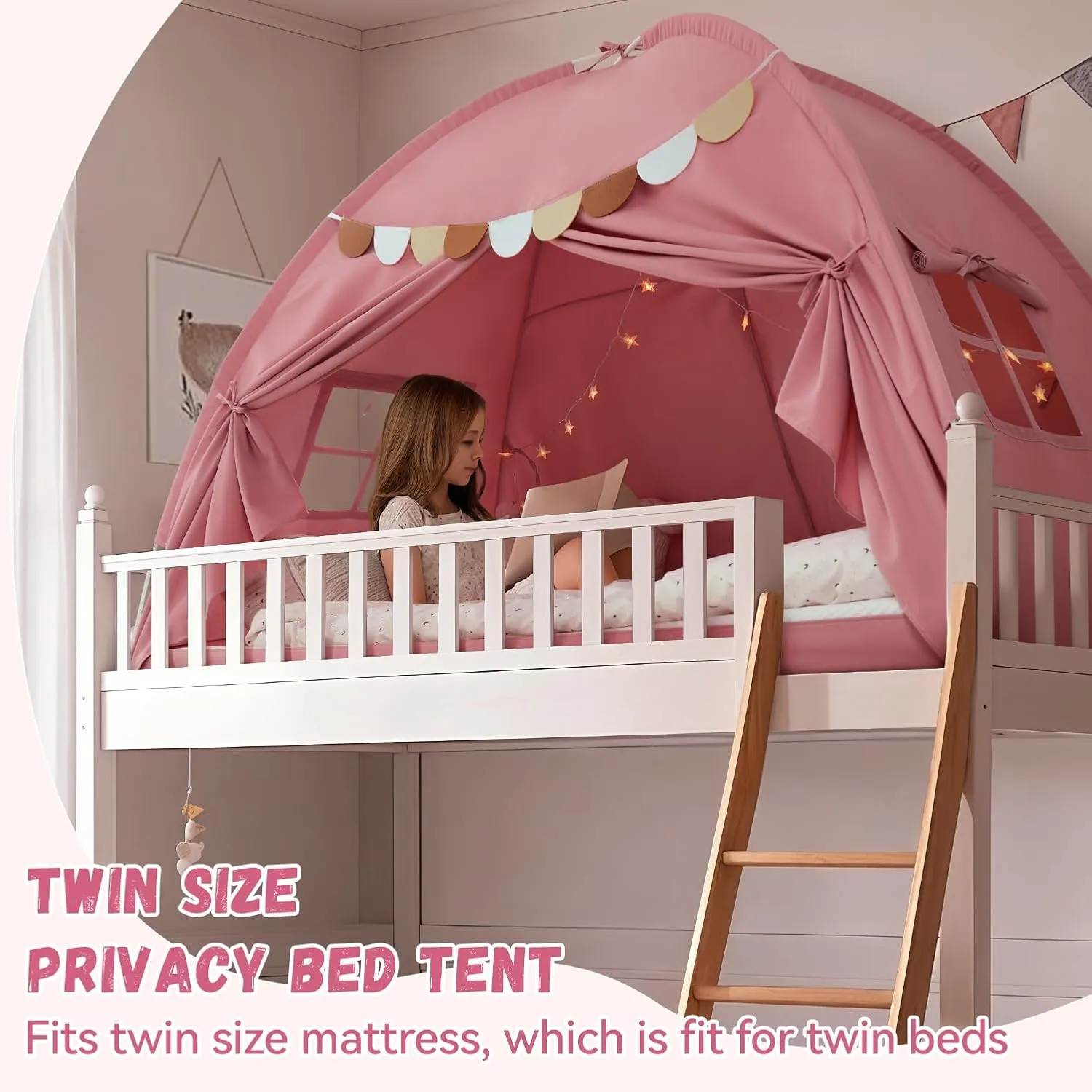Bed Tent Twin, Bed Canopy for Kids Girls, Tents Toddler Portable Sleeping Tents Indoor, Pink Bunk Canopy Playhouse for Twin Size Bed