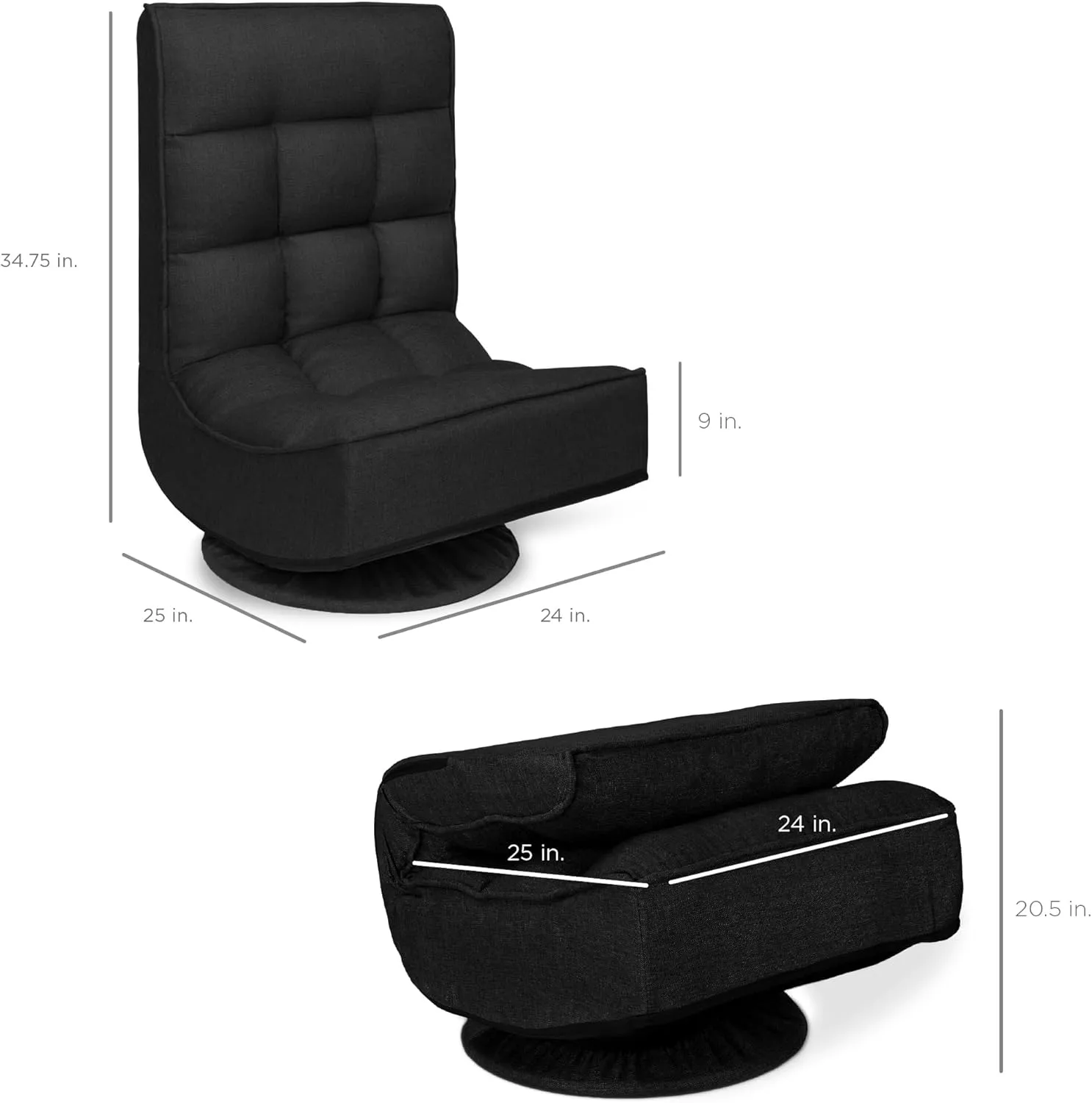 Best Choice Products Reclining Folding Floor Gaming Chair for Home, Office, Lounging, Reading w/ 360-Degree Swivel, 4 Adjustable Positions, Tufted Cushions - Black