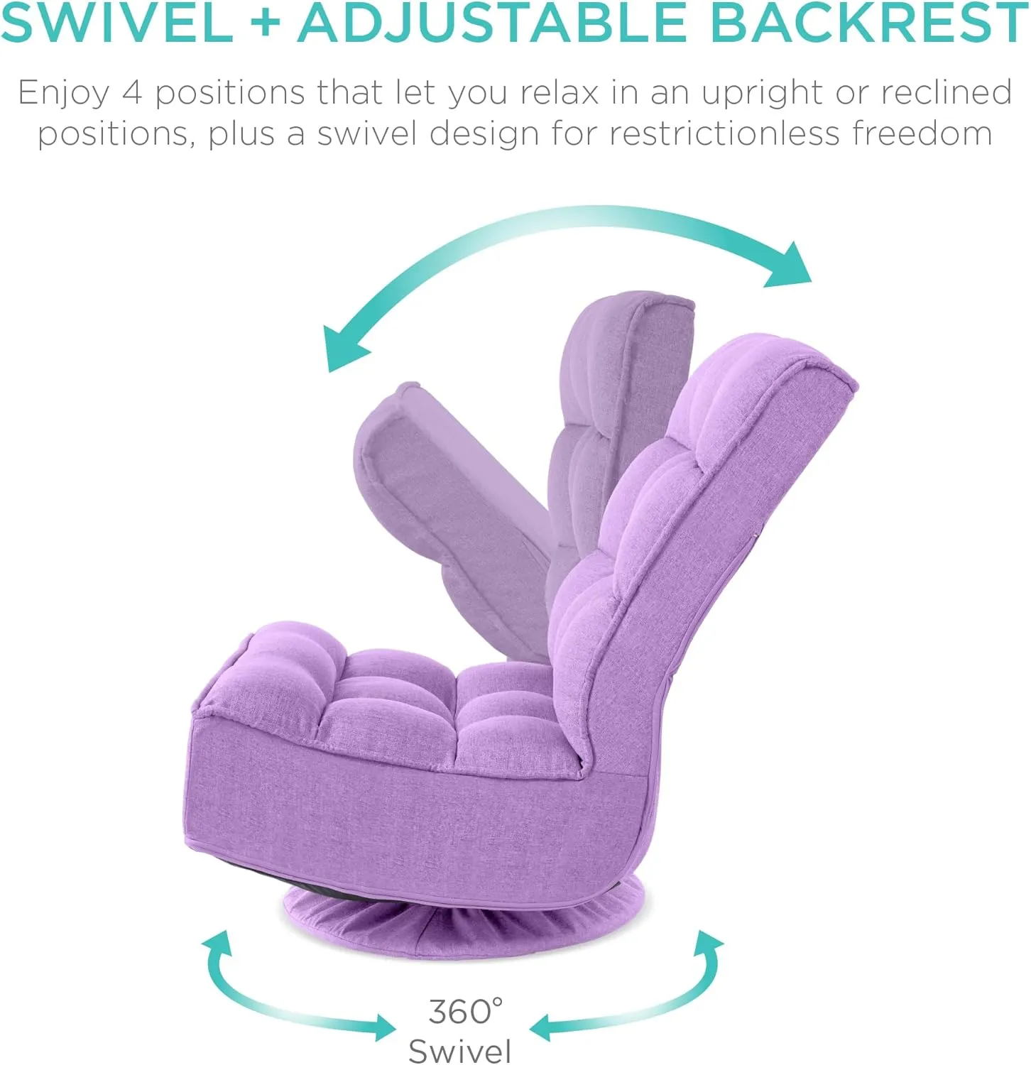 Best Choice Products Reclining Folding Floor Gaming Chair for Home, Office, Lounging, Reading w/ 360-Degree Swivel, 4 Adjustable Positions, Tufted Cushions - Lavender