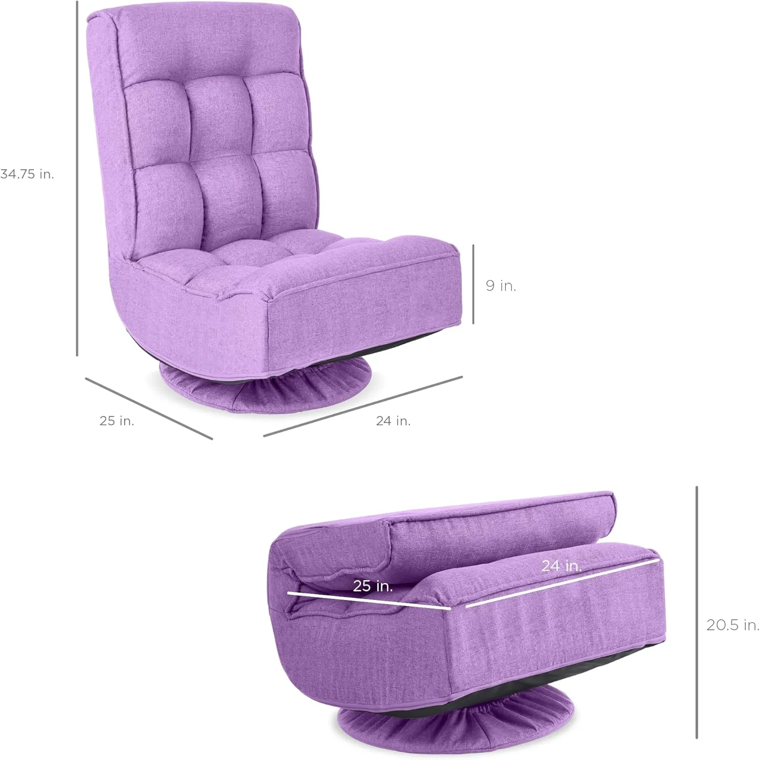 Best Choice Products Reclining Folding Floor Gaming Chair for Home, Office, Lounging, Reading w/ 360-Degree Swivel, 4 Adjustable Positions, Tufted Cushions - Lavender
