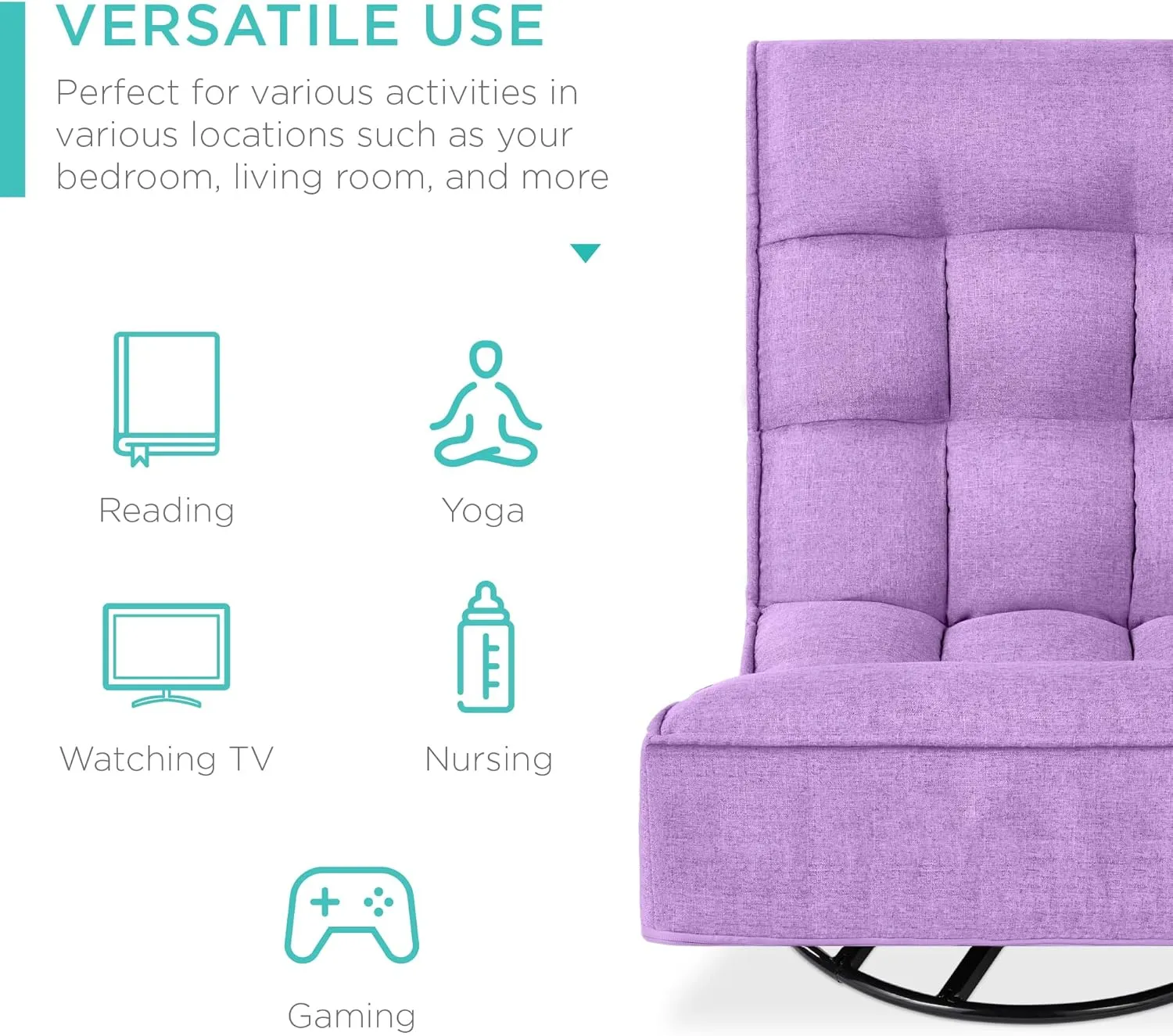 Best Choice Products Reclining Folding Floor Gaming Chair for Home, Office, Lounging, Reading w/ 360-Degree Swivel, 4 Adjustable Positions, Tufted Cushions - Lavender