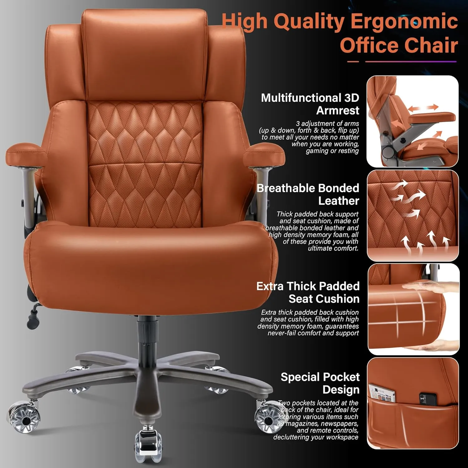 Big and Tall 700lbs Office Chair - Adjustable Lumbar Support 3D Flip Arms Heavy Duty Metal Base&Wheels, High Back Large Executive Computer Desk Chair, Thick Padded Ergonomic Design for Back Pain