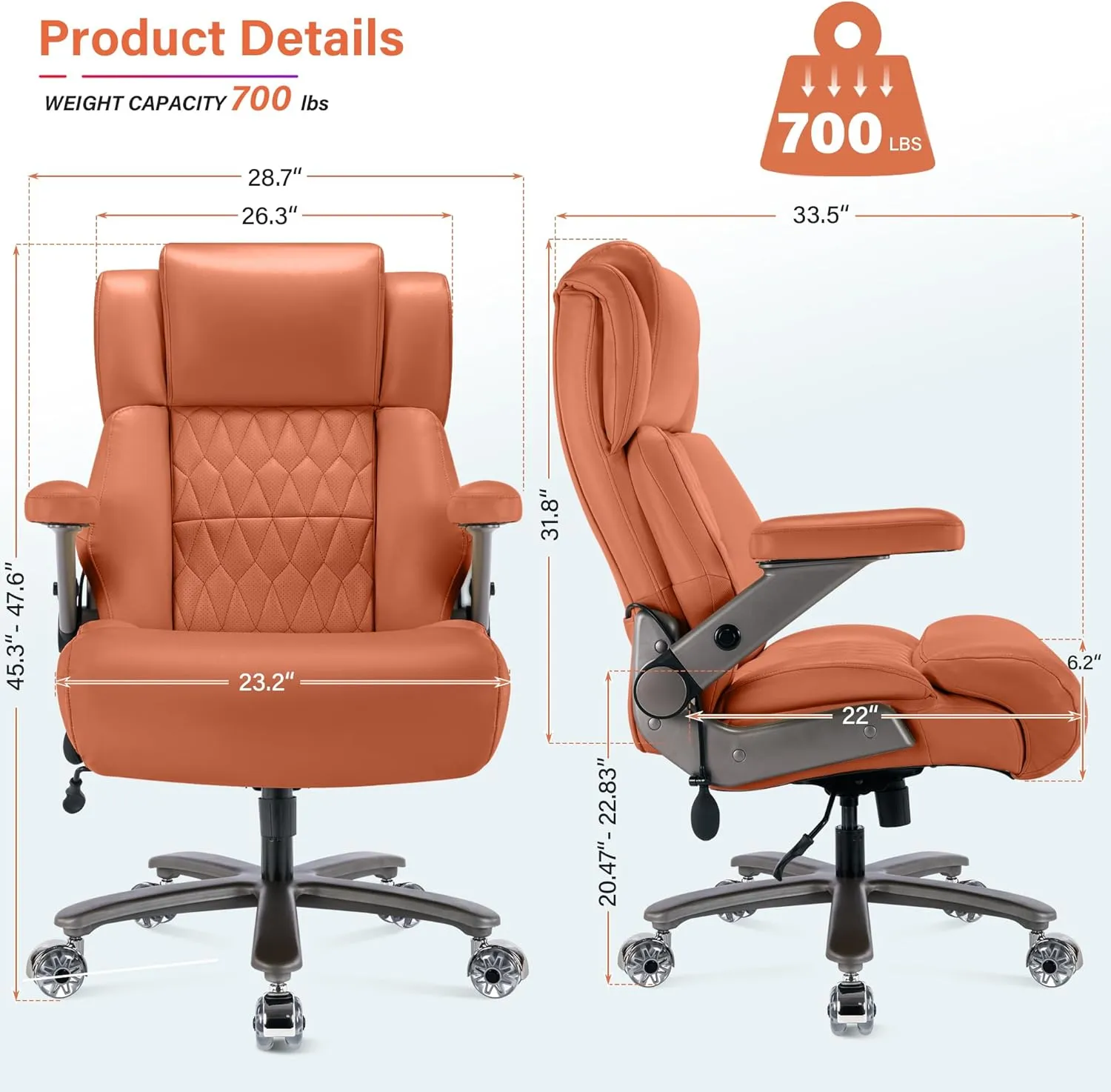 Big and Tall 700lbs Office Chair - Adjustable Lumbar Support 3D Flip Arms Heavy Duty Metal Base&Wheels, High Back Large Executive Computer Desk Chair, Thick Padded Ergonomic Design for Back Pain