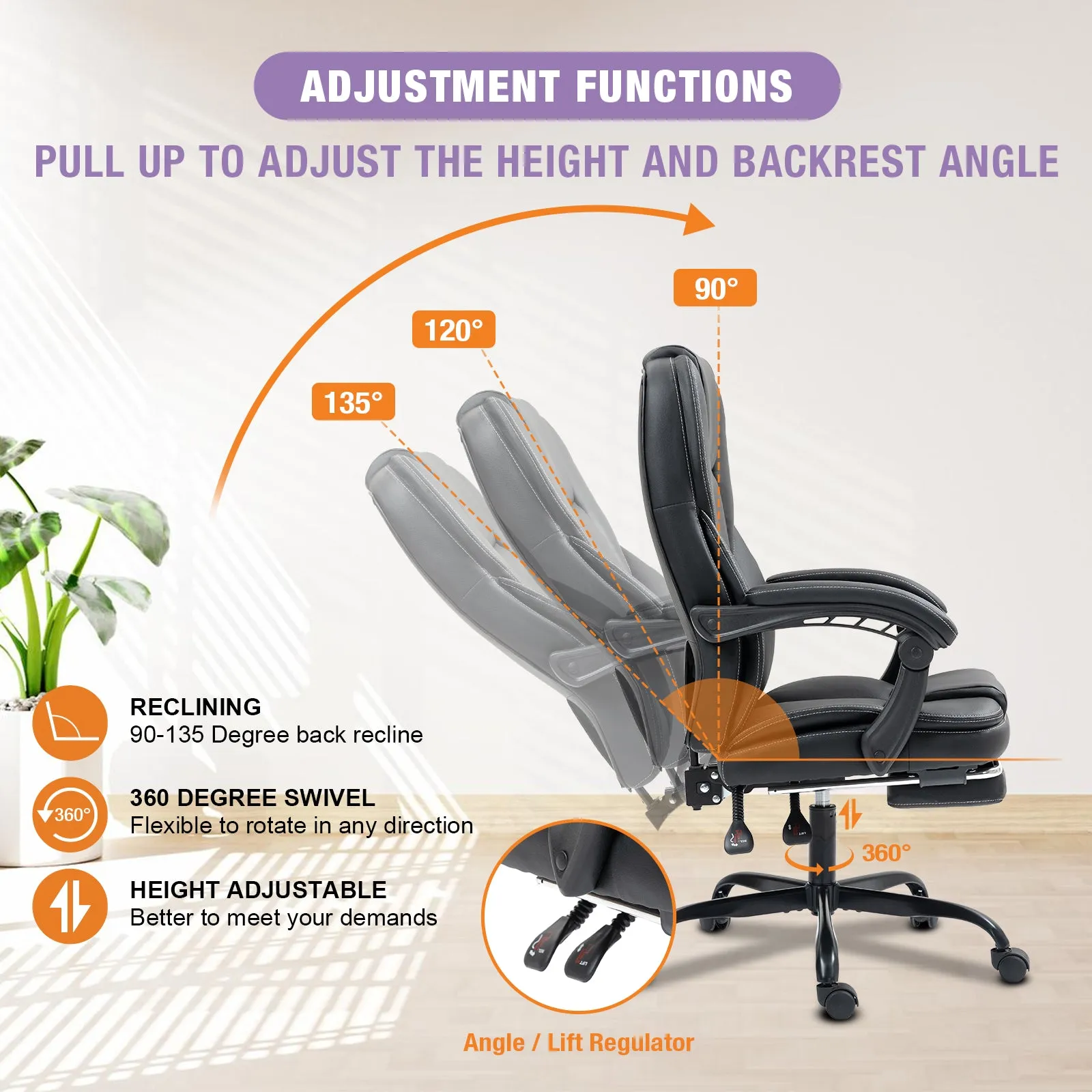 Big and Tall Executive Office Chair with Footrest, Ergonomic Computer Chair, High Back Swivel Recliner Home Reclining Chair with Lumbar Support, Height Adjustable, Padded Armrests, Rolling, Black