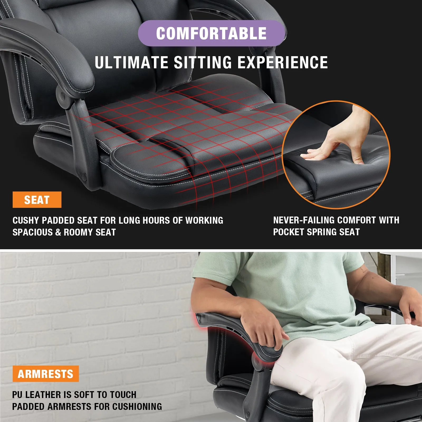 Big and Tall Executive Office Chair with Footrest, Ergonomic Computer Chair, High Back Swivel Recliner Home Reclining Chair with Lumbar Support, Height Adjustable, Padded Armrests, Rolling, Black