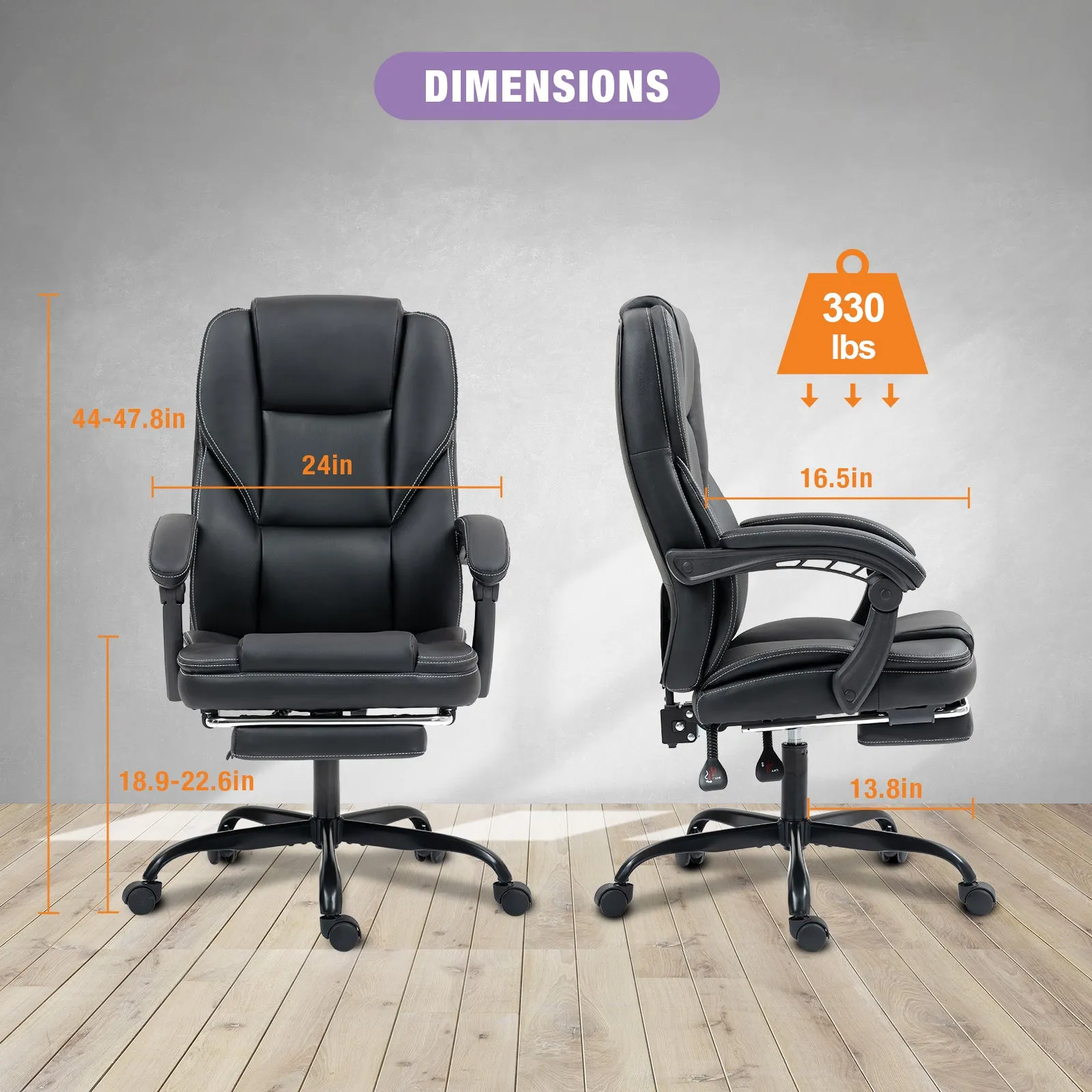 Big and Tall Executive Office Chair with Footrest, Ergonomic Computer Chair, High Back Swivel Recliner Home Reclining Chair with Lumbar Support, Height Adjustable, Padded Armrests, Rolling, Black