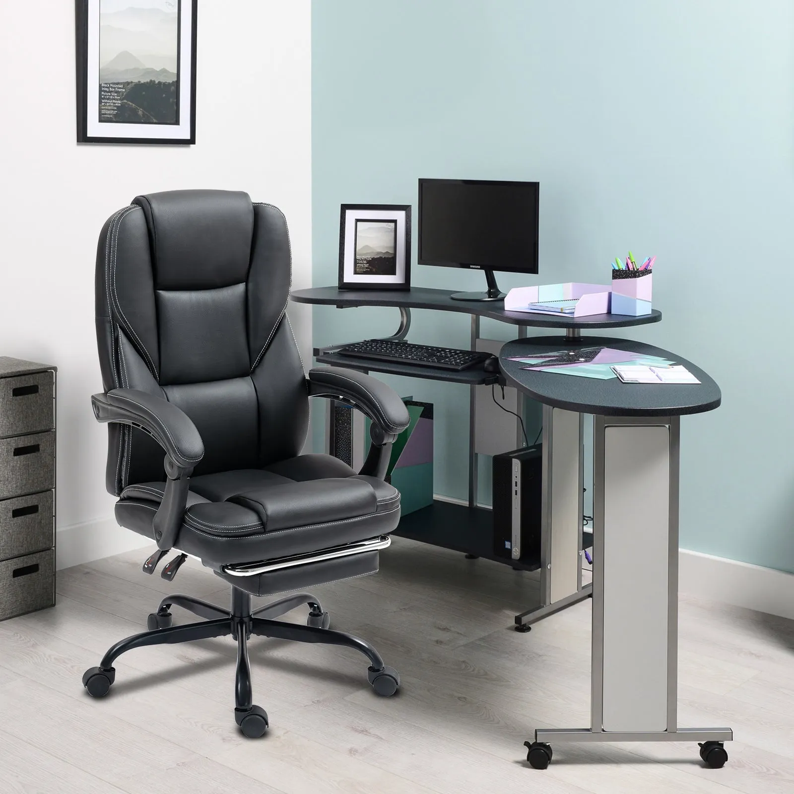 Big and Tall Executive Office Chair with Footrest, Ergonomic Computer Chair, High Back Swivel Recliner Home Reclining Chair with Lumbar Support, Height Adjustable, Padded Armrests, Rolling, Black