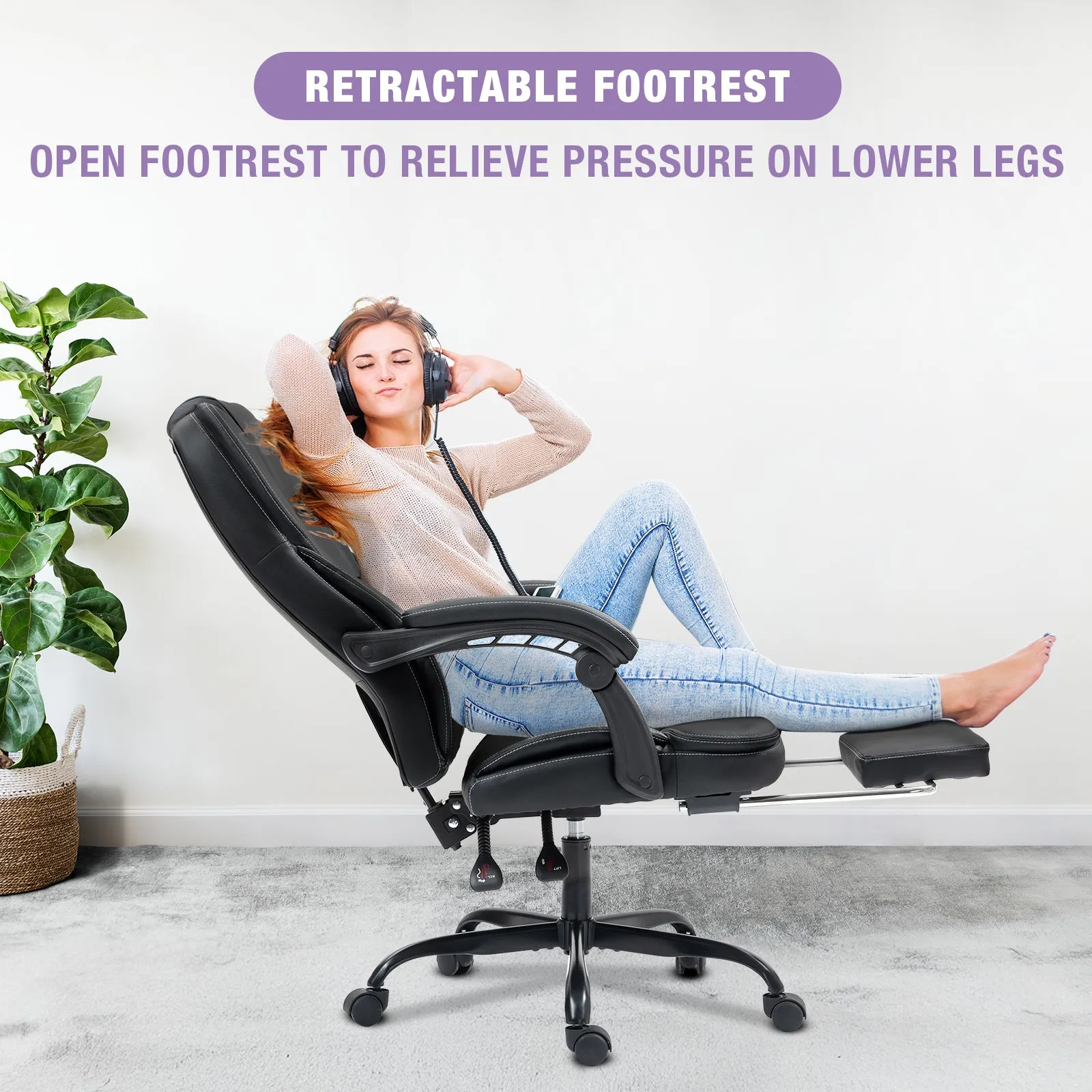 Big and Tall Executive Office Chair with Footrest, Ergonomic Computer Chair, High Back Swivel Recliner Home Reclining Chair with Lumbar Support, Height Adjustable, Padded Armrests, Rolling, Black