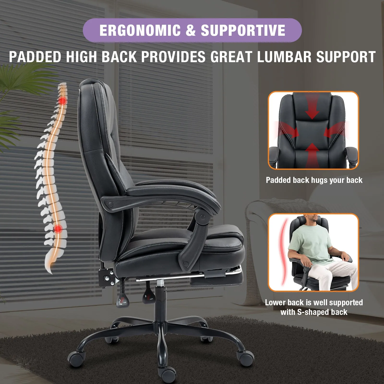 Big and Tall Executive Office Chair with Footrest, Ergonomic Computer Chair, High Back Swivel Recliner Home Reclining Chair with Lumbar Support, Height Adjustable, Padded Armrests, Rolling, Black