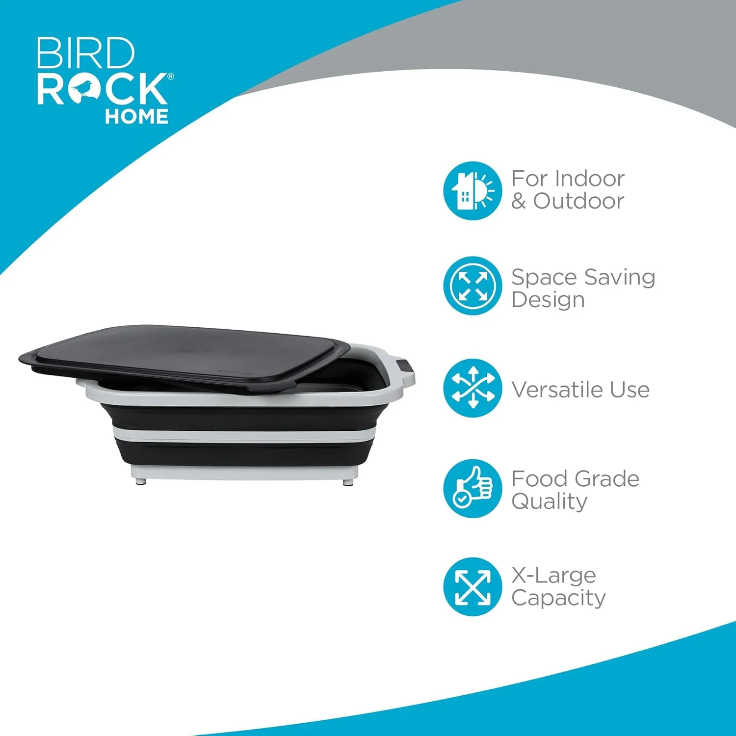 BIRDROCK HOME Collapsible XL BBQ Prep Tub w/Cutting Board, Multi-Function Grill Caddy w/Colander & Lid, Portable Silicone Dish Bowl for Picnic, Tailgate, Camping - Black