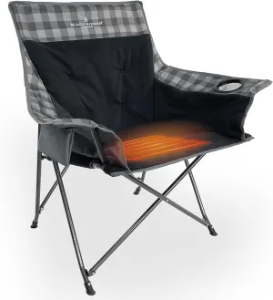 Black Sierra Heated Fleece Camping Chair w/Battery, Heavy Duty XL Portable Camp Chair w/ 3 Heat Settings, Steel Frame Supports 300 Lbs, Lightweight Foldable Seat for Sporting Events, Camping, Patio